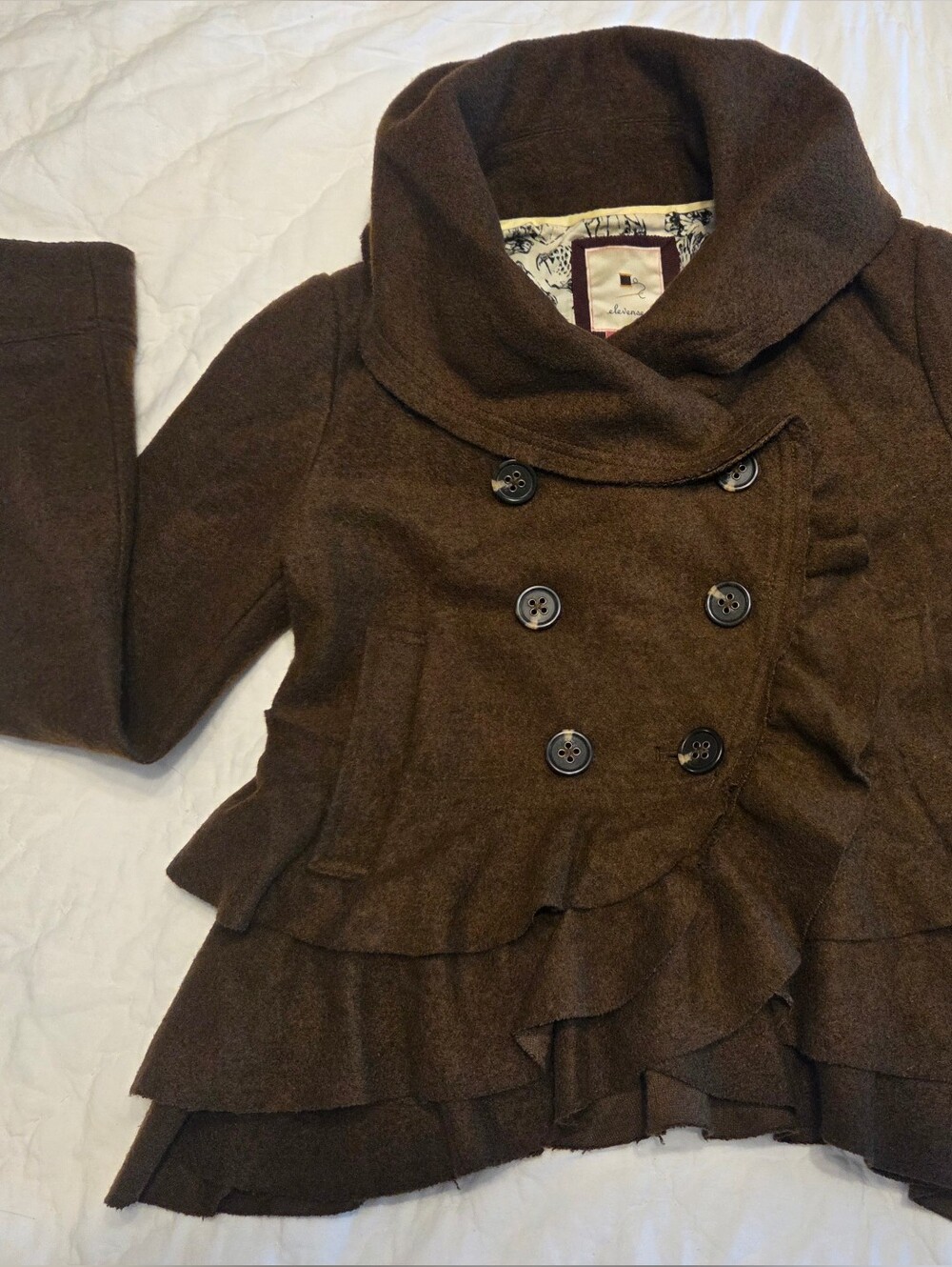 Anthropologie Elevenses Echelon Tiered Ruffle Pea Coat Size 2 EUC